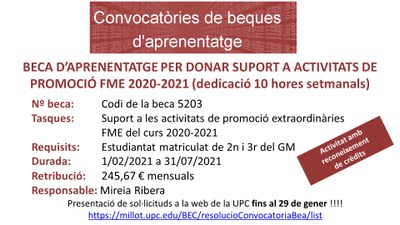 Es convoca una beca d'aprenentatge per donar suport a activitats de promoció de l'FME del curs 2020-2021