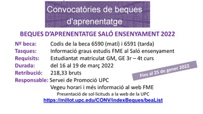 Convocatòria de beques d'aprenentage pel Saló de l'Ensenyament (del 16 al 20 de març 2022)