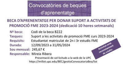 Es convoca una beca d'aprenentatge per donar suport a activitats de promoció de l'FME del curs 2023-2024