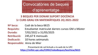 Es convoquen 3 beques d'aprenentatge - Suport a la docència de 1r grau en Matemàtiques - 2Q