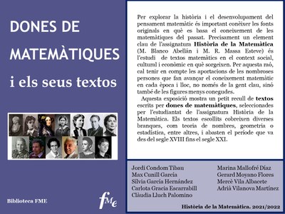 Exposició "Dones de matemàtiques i els seus textos": activitat 8M de l'assignatura d'Història de la Matemàtica