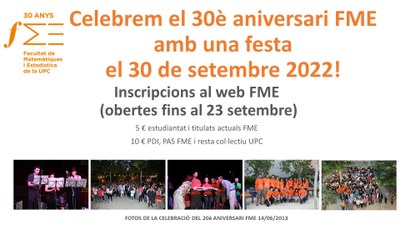 Ja podeu apuntar-vos per venir al Sopar del 30è aniversari de l'FME el 30 de setembre a les 20 h