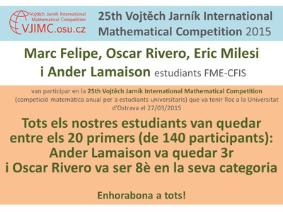Nou èxit dels estudiants FME-CFIS a la 25th Vojtech Jarník International Mathematical Competition